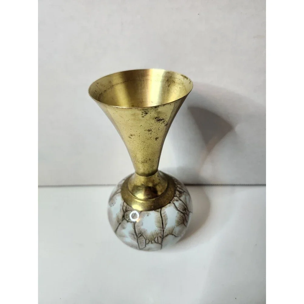 Vintage Delft Porcelain And Metal Bud Vase Measures 5.75” Tall Turquoise Marbled